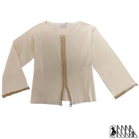 Ivory cardigan trimmed with a gold chain